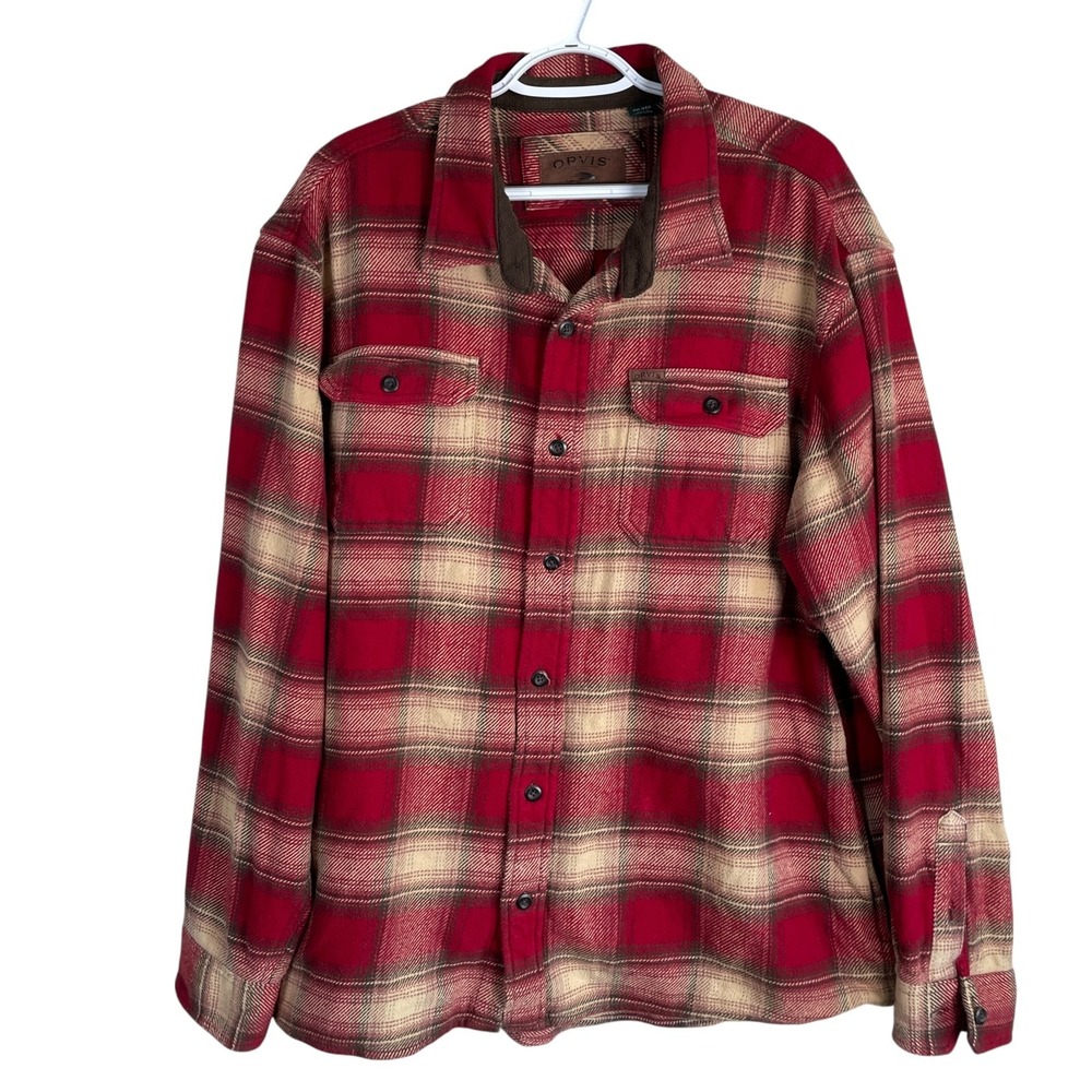 Orvis Flannel Shacket Shirt Jacket Mens 2XL Red Plaid Button Up Heavy Cotton